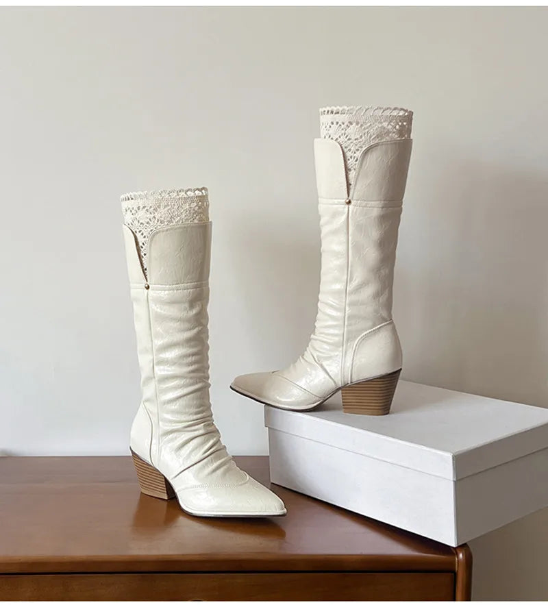 Pleated Design Knee-High Boots Vintage Faux Suede Lace High heels Western Cowboy Long Booties Shoes