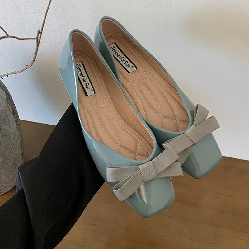 Mary Jane Shoes Square Toe Flats Shallow Dress Shoe Butterfly Knot Patent Leather Soft Soled Ballet Shoes