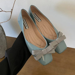 Mary Jane Shoes Square Toe Flats Shallow Dress Shoe Butterfly Knot Patent Leather Soft Soled Ballet Shoes