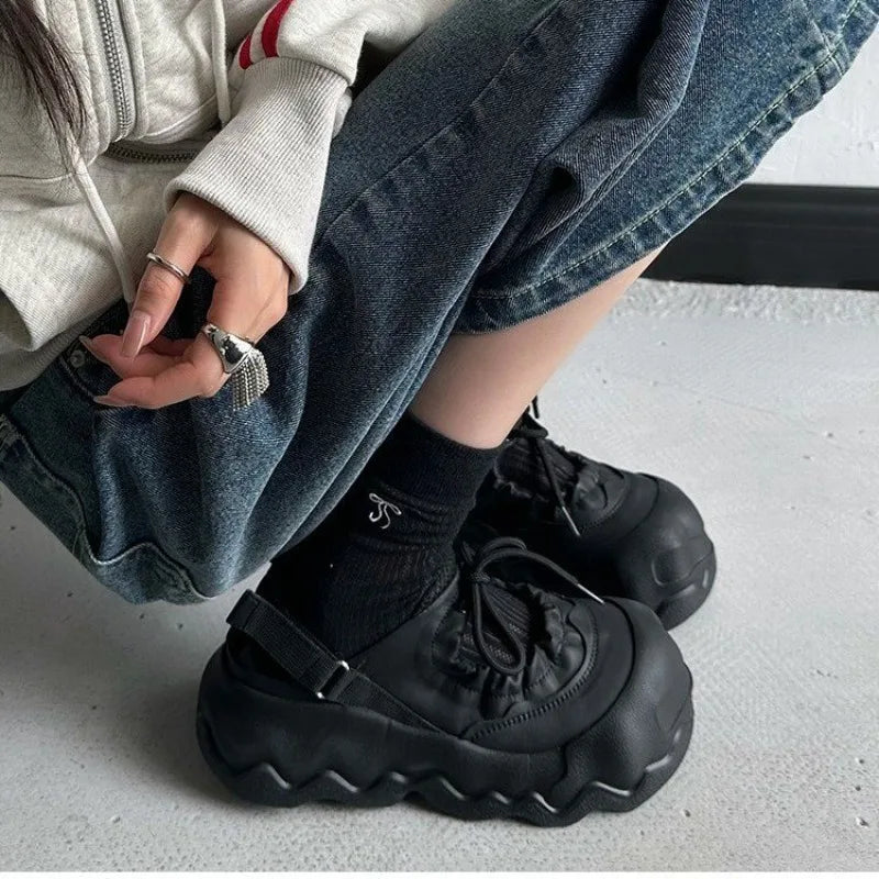 Street Explosion 5CM Mary Jane Sandals Wave Thick Bottom Lace Hollow Big Head Bread Shoes