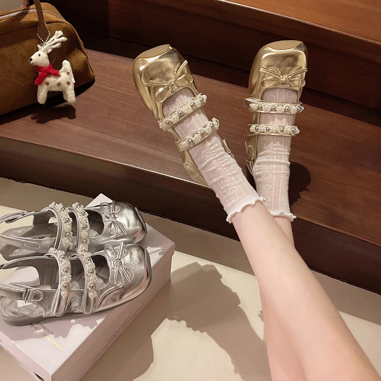 Pearl Bow Mary Jane Leather Shoes Flats Sandals Square Toe Slippers Lolita Mujer Zapatillas