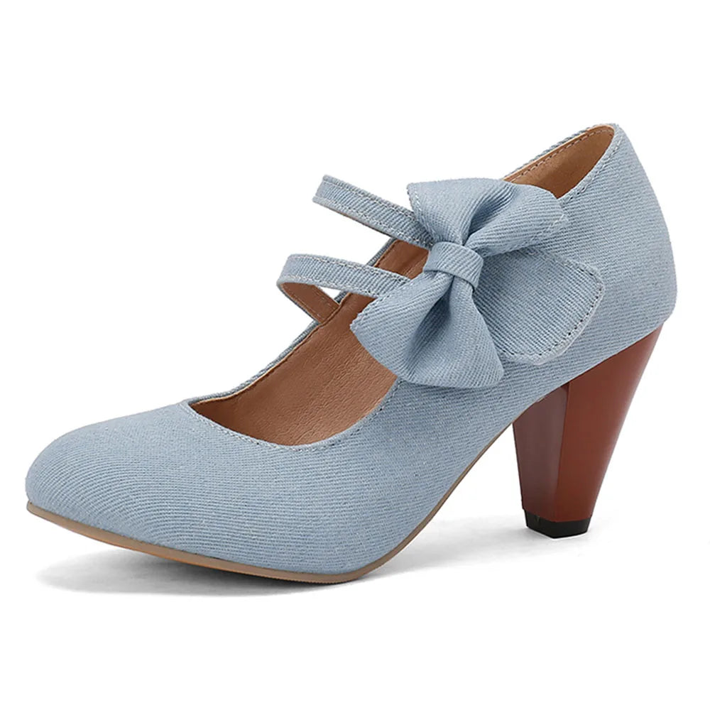 Plus Size 48 Brand Round Toe Chunky Heel Pumps Elegant Bow Buckle Solid Party Shoes