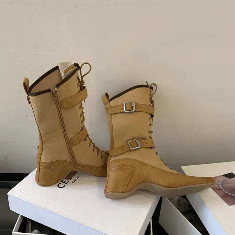Yellow Cowboy Boots Lace Up Belt Buckle Block Heels Mid-calf Western Boots Vintage Shoes Black Botas Mujer