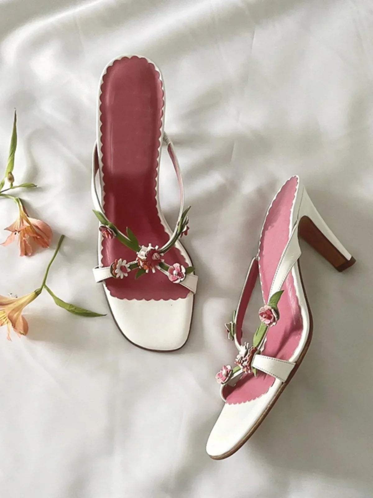 Handmade Flower High Heels Vintage 2000s Sweet Slide Strapless Sandal Heels On Off Shoes Shoes