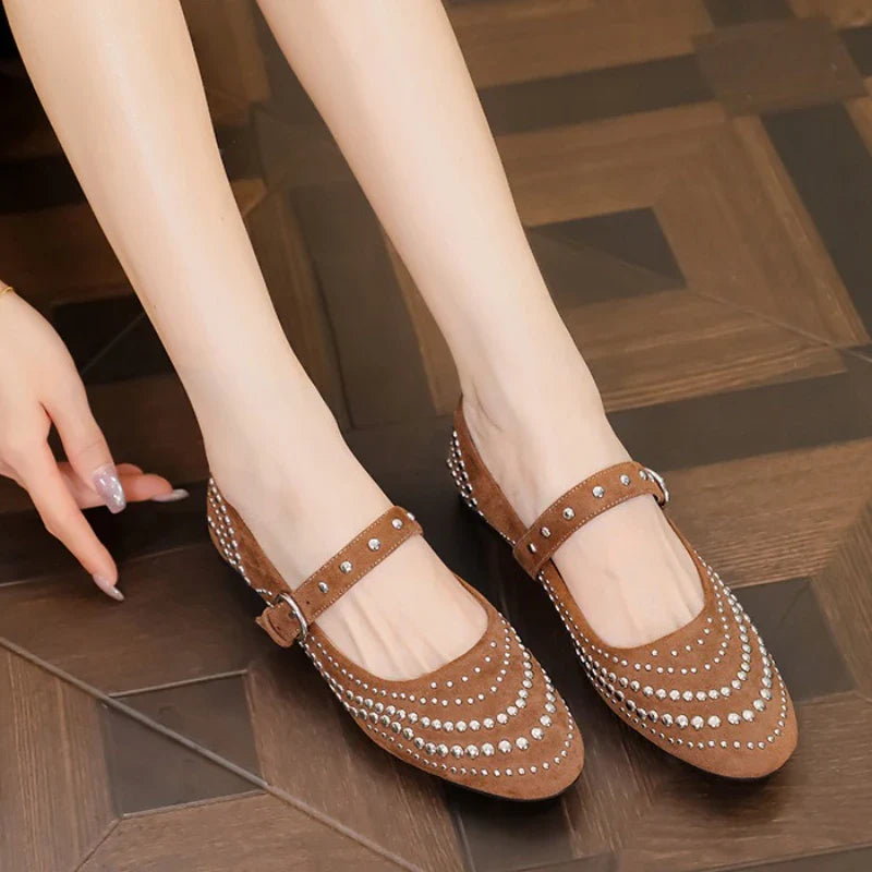 Retro Rivet Mary Jane Shoes Belt Buckle Shallow Round Toe Single Shoes Suede Elegant Ladies