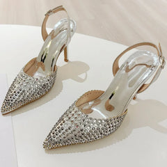 Rhinestones Pointed Toe Thin High Heels Hollow Buckle Brand Sandals Banquet Party Shoes