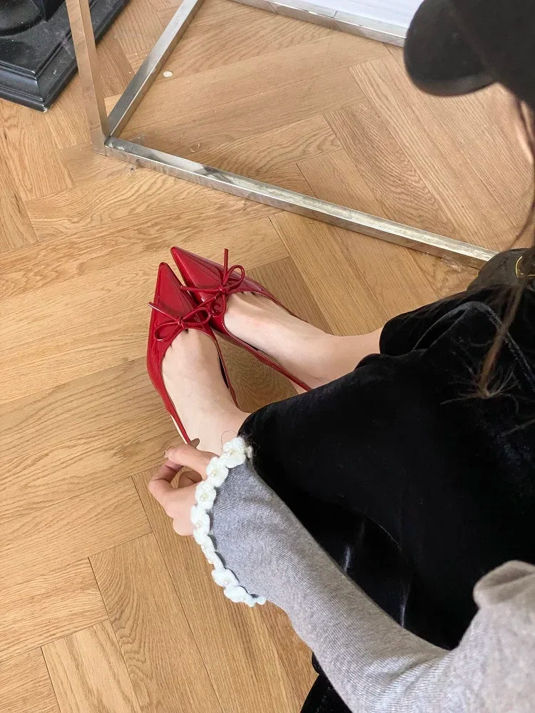 Style Thin Low Heels Butterfly-knot Woman Pumps Elegant Pointed Toe Buckle Strap Party Wedding