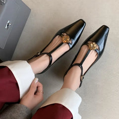 Retro Mary Jane Leather Buckle Thick Heel Square Toe Metal Flower Shoes 34-40