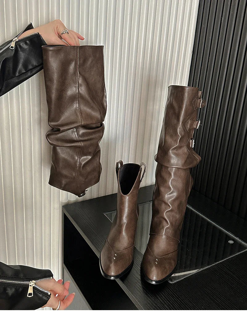 Vintage Belt Buckle Knee High Boots Removable Shoes Elegant Thick Heel Knight Long Booties