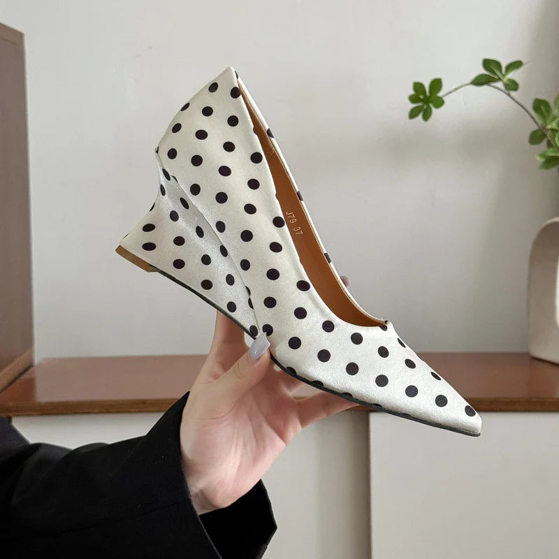Wedges Heel Mary Jane Shoes Concise Shallow Slip On Shoes Elegant Pointed Toe Dress Polka Dot Pumps