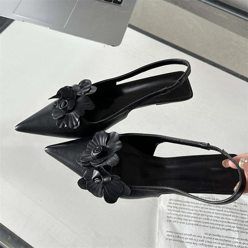 Flower Pointed Toe Thin Low Heels Elegant Wedding Slingback Shoes Mules Zapatos De Mujer