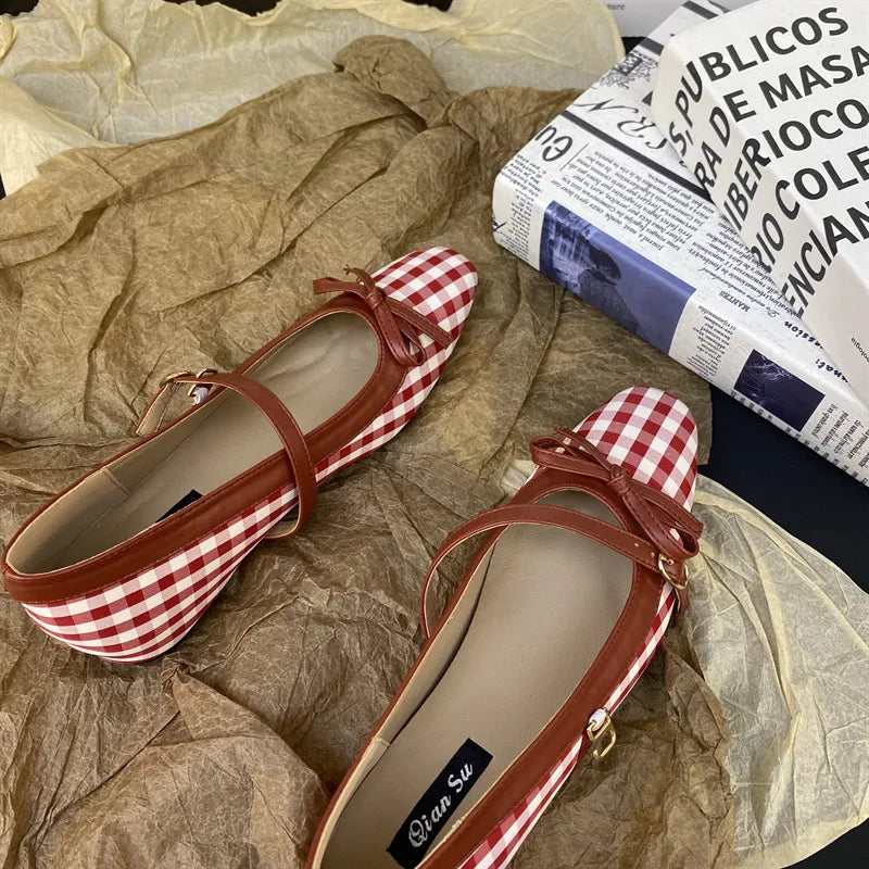 High Quality Checkered Design Mary Jane Shoes Inner Height Increase Flat Ballet Shoes Comfortable Soft Bottom