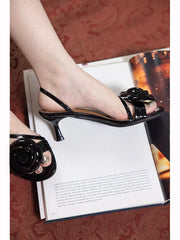 Open Toe Rose Floral Sandals Kitten Heels Cross Straps Slim Patent Leather Sandal Dress Daily Causal Shoes