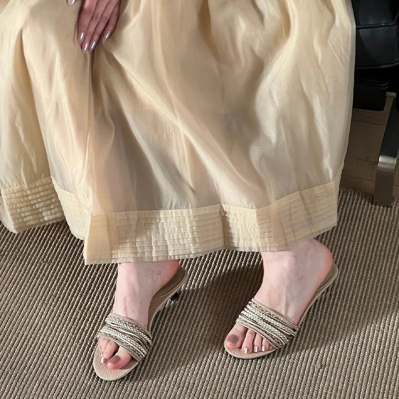 Low Heel Weave Slippers Elegant Open Toe Dress Slides Outdoor Gladiator Shoes