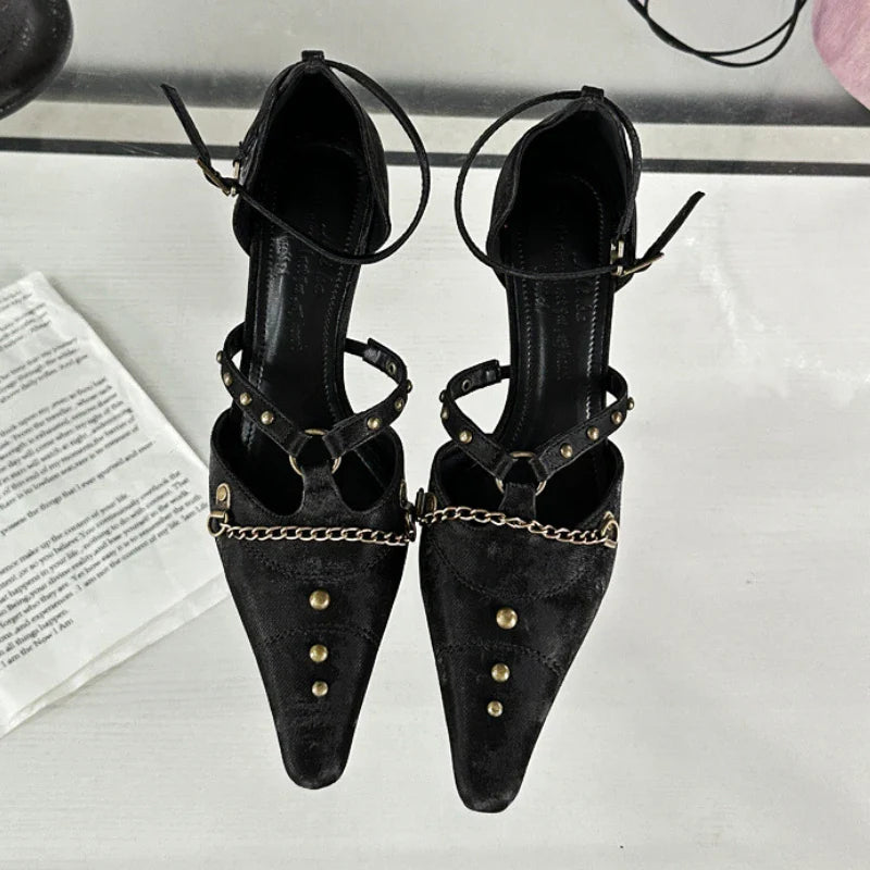 Retro Rivets Metal Chain High Heels Thin Heel Party Elegant Office Shoes Pointed Toe Pump Sandals