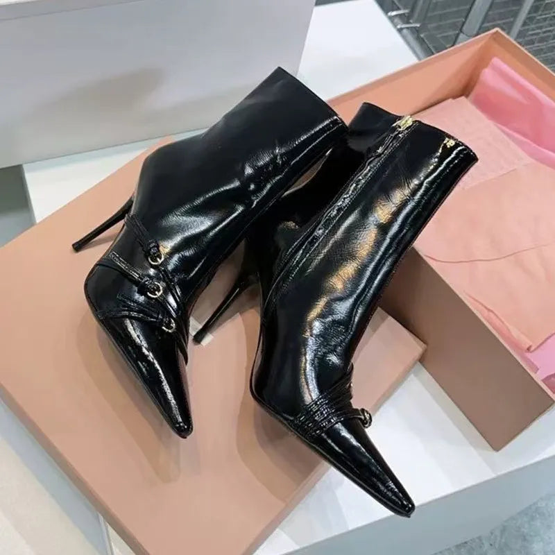 Patent Leather Belt Buckle Ankle Boots Elegant High heels Chelsea Office Lady Short Booties Shoes