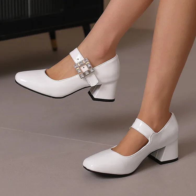 Plus Size 48 Patent Leather Mary Jane Shoes Sparkly Crystal Rhinestone Burgundy White Block Heel Pumps Party Shoe