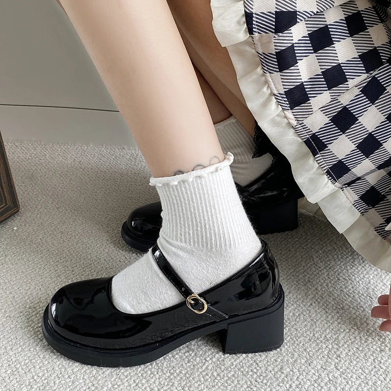 Mary Jane Shoes Simple Glossy PU Causal Uniform Low-heeled Shoes Versatile Lolita Pumps