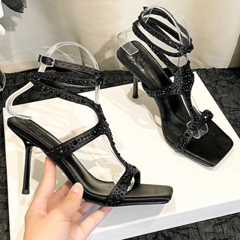 Rhinestones Thin High Heels Ankle Strap Party Open Toe Elegant Shiny Brand Sandals