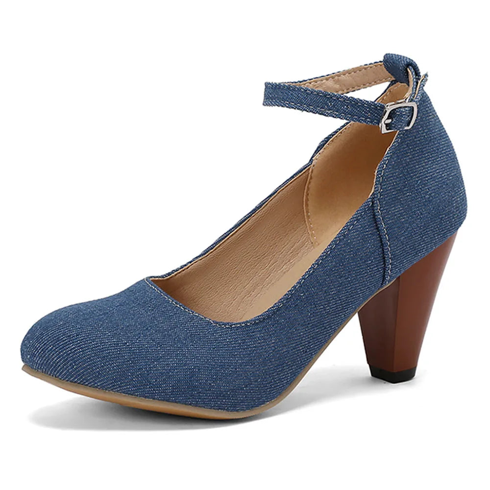 Plus Size 48 Brand Round Toe Chunky Heel Pumps Elegant Bow Buckle Solid Party Shoes