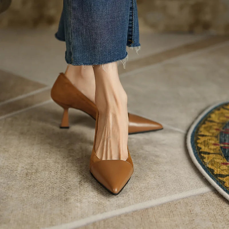 Splicing Shallow Mouth Single Shoes French Pointed Toe Temperament High Heels