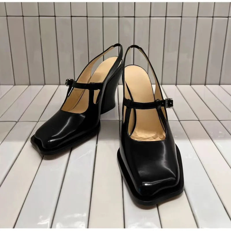 Black Patent Leather Mary Janes Slingbacks Wave Toe Chunky High Heels Office Lady Daily Shoes