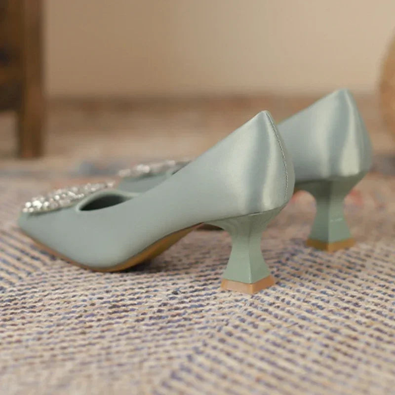 Rhinestone Satin Pumps Square Button Low Heel Office Shoes Elegant Crystal High Heels