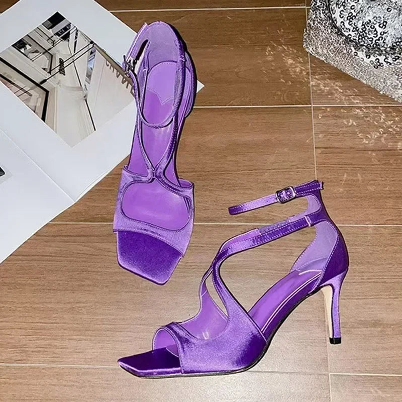 Elegant Ankle Cover Strap 7CM Gladiator Sandals Square Open Toe Pink High Heels Wedding Banquet Shoes