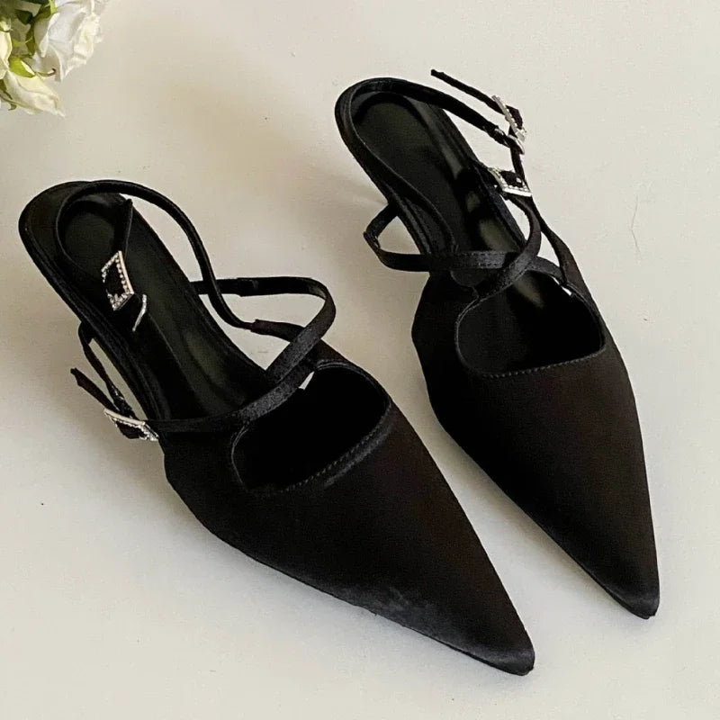 Silk High Heeled Sandals Narrow Band Shallow Low Heel Office Shoes Pointed Toe Pumps Brand Slingback