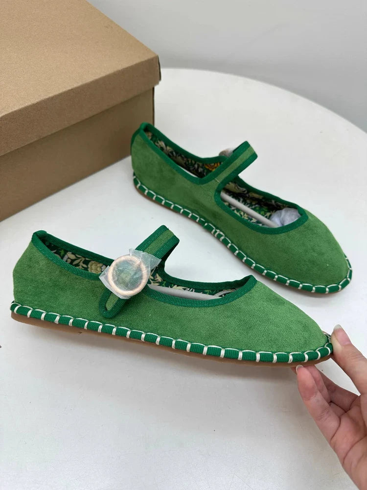 Floral Print Insole Velvet Flats Shoes Hand Stitching Elegant Mary Jeans Shoes Round Toe Ballets Flats Footwear