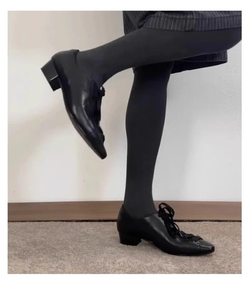Black British Style Leather Shoes Retro Lace Up Mid Heel Pumps Comfortable Elegant Commuter Office Shoes Zapatos De Mujer