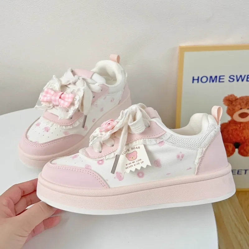 Students Sneakers Cute Causal Shoes School Patchwork Non-slip Sports Shoes with Bowknot