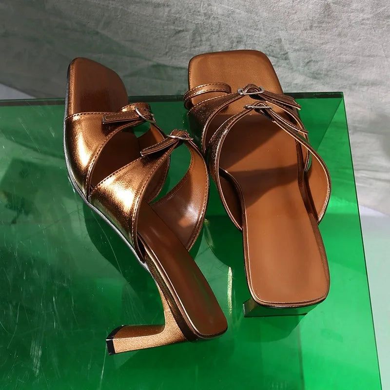Antique Brown Patent Leather Double Buckle Strap Slides Square Open Toe Low Block Heel Sandals Flip Flops Shoes