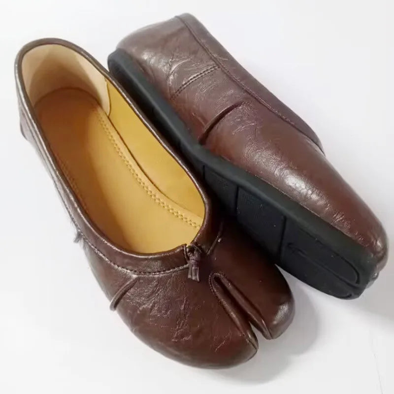 Split Toe Ballet Flats Tabi Shoes Casual Slip-on Loafers Pleated Leather Espadrilles Zapatillas Mujer