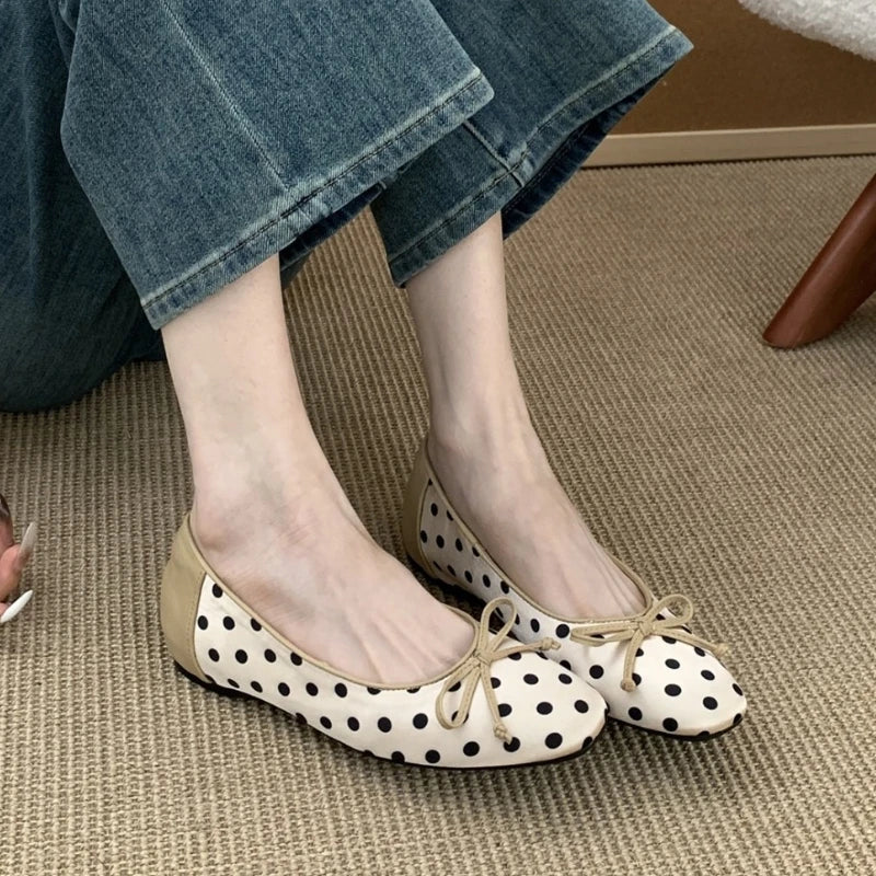 Polka Dot Butterfly-Knot Ballet Flats Round Toe Shallow Comfort Casual Satin Elegant Footwear