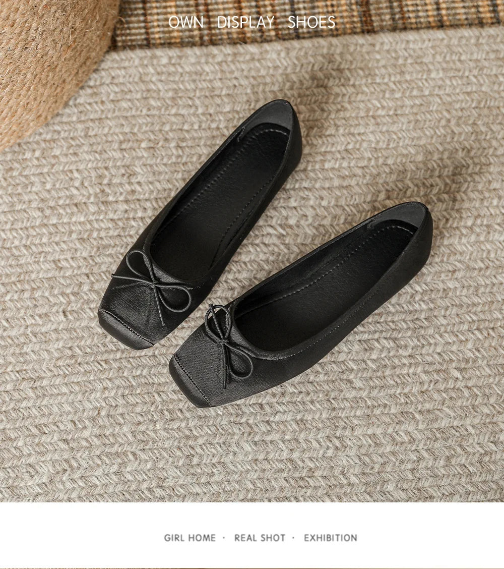 Deliate Bowtie Silk Ballerinas Woman Traf Pig Square Toe Flats Shallow Slip On Moccasins Femme Brides Wedding Shoes Pink Ballets