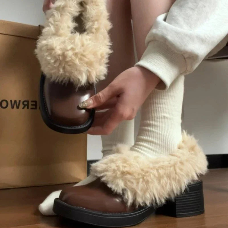 Fur Lining Mary Jane Shoes Elegant Square Toe Slip 2026 Keep Warm Thick Heel Single Shoes
