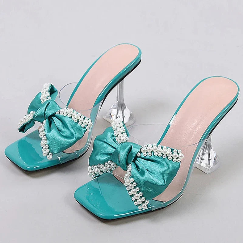 Pearl Bow Slipper Transparent PVC High Heeled Non Slip Mule Shoes