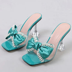 Pearl Bow Slipper Transparent PVC High Heeled Non Slip Mule Shoes