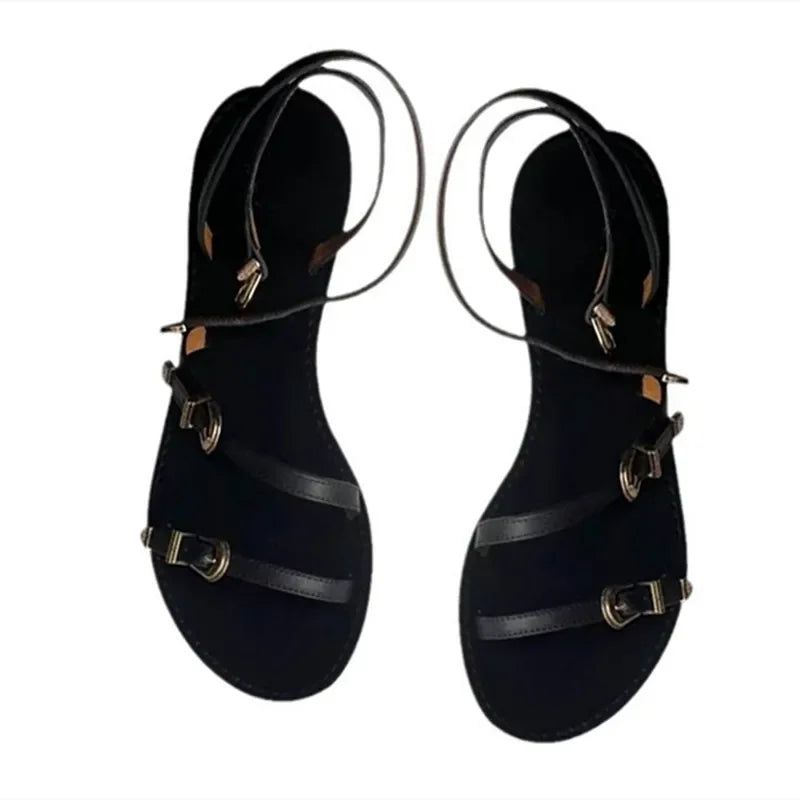Multi Metal Buckle Design Flat Sandals Open Toe Ankle-Wrap Beach Roman Sandals Elegant