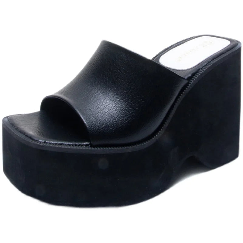 House Slippers Platform High-Heeled Shoes Lady Slides Square Toe On A Wedge Low Rubber Rome PU Fabric Hoof Shoes Slippers Heels