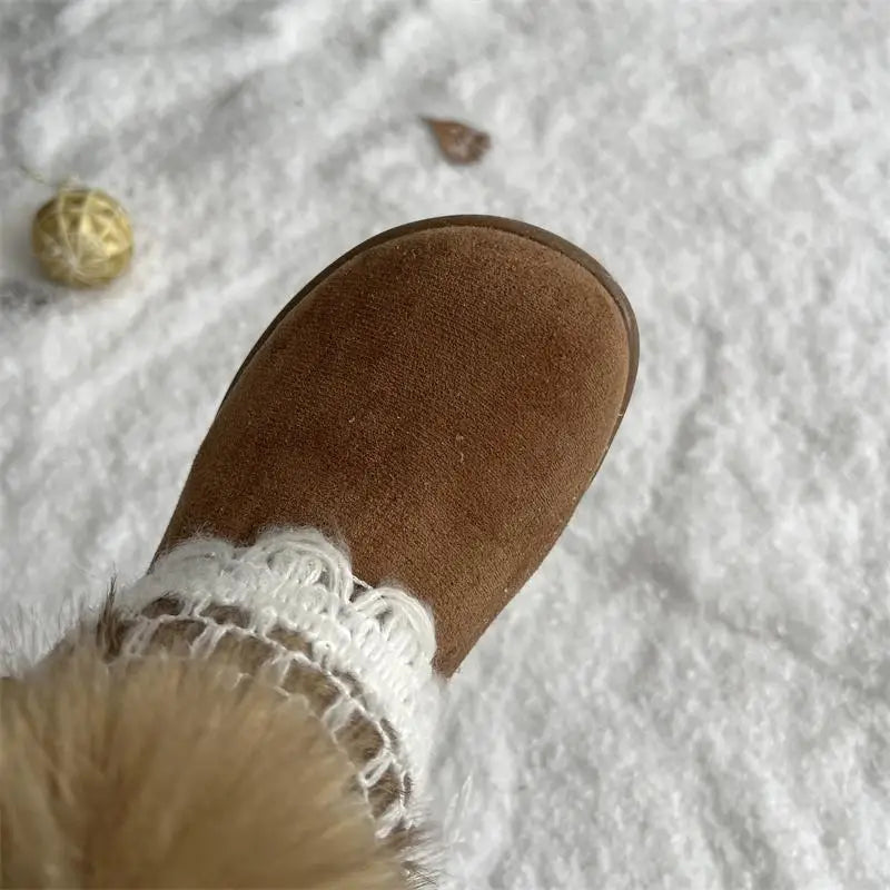 Sweet Lace Decoration Furry Suede Snow Boots Thick Bottom Fluffy Fur Ankle Boots Warm Plush Shoes