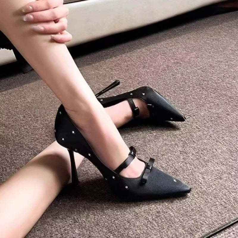 Thin Heel Shallow Mouth Single Shoes Banquet Bow Pointed Water Diamond Silk High Heels