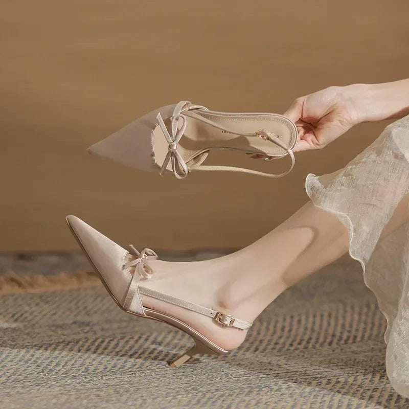 Satin Pointed Toe High Heels Bow Design Cover Toe Fine Heel 6cm Sandals Back Strap Party