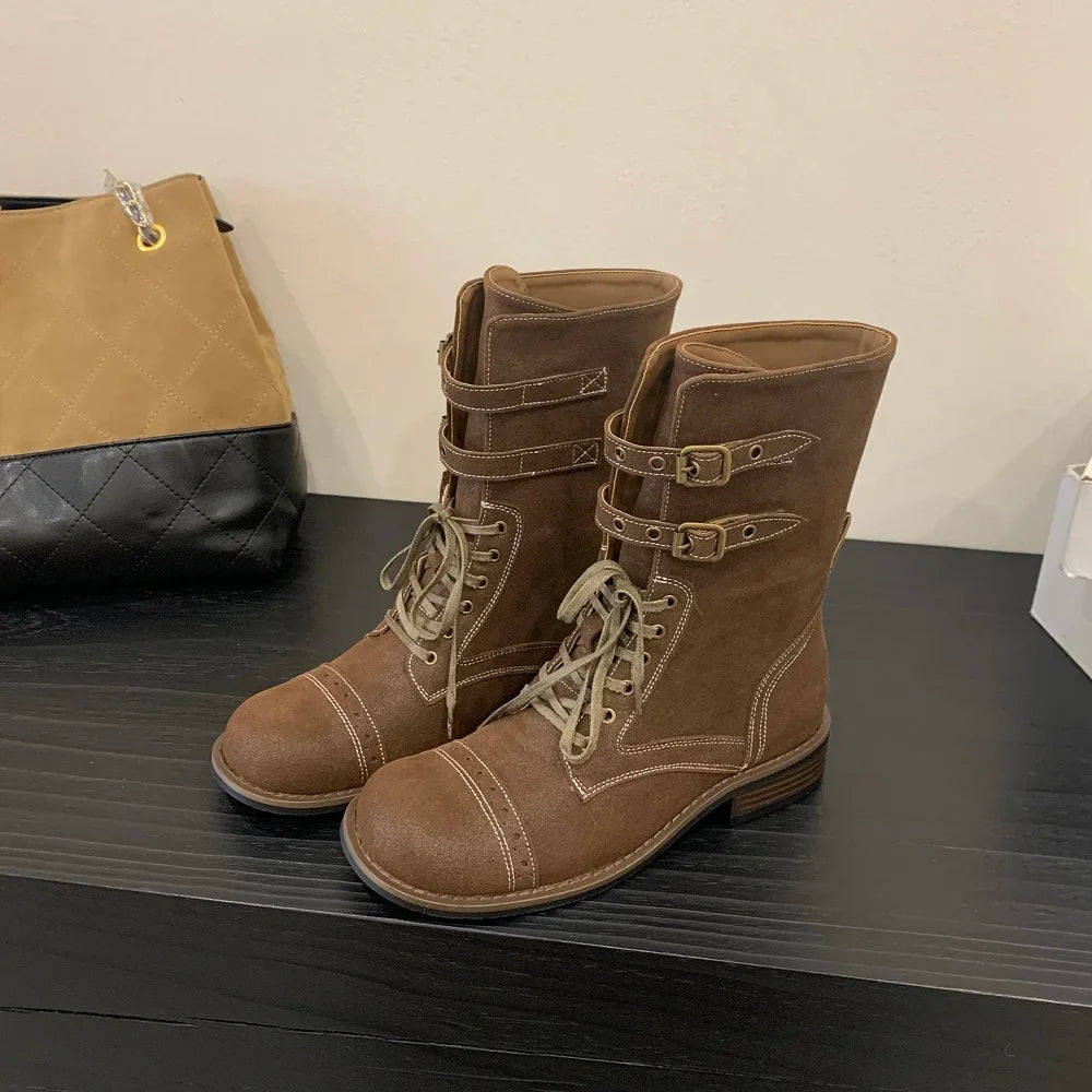 Design Narrow Band Lace-up Knee-High Boots Vintage Round Toe Square Low Heels Shoes