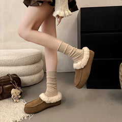 Vintage Fleece Lined Flats Shoes Concise Shallow Slip On Shoes Elegant Keep Warm Snow Shoes