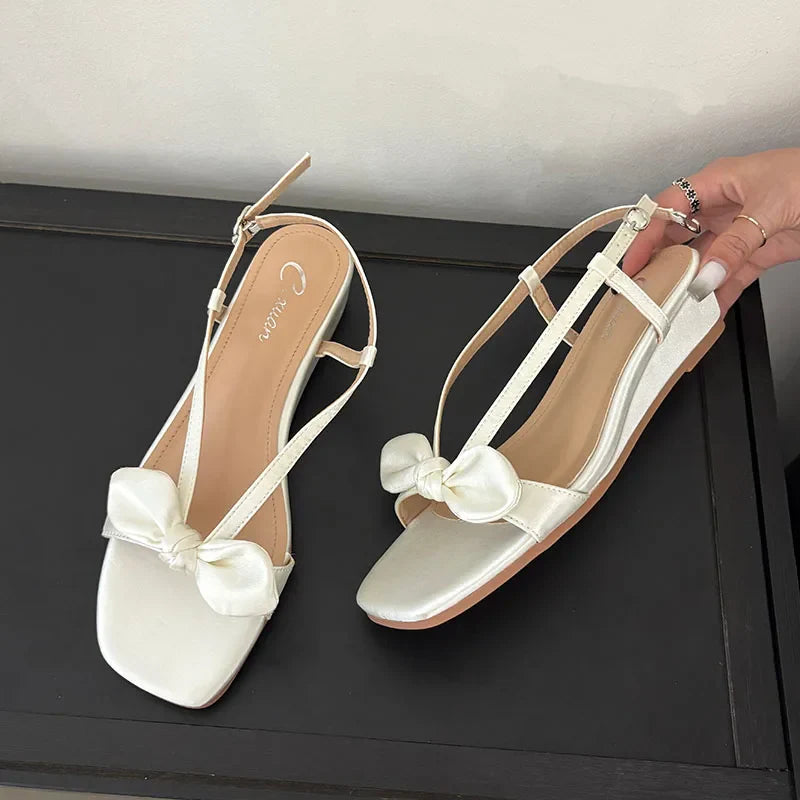 Elegant Low Heel Sandals Wedges Shoes Buckle Footwear Butterfly-Knot Heeled Sandals