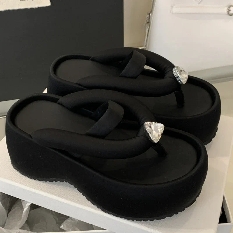 Satin Crystalline Thick-soled Flip Flops Shoes Open Toe Back Strap Casual Party Beach Sandals
