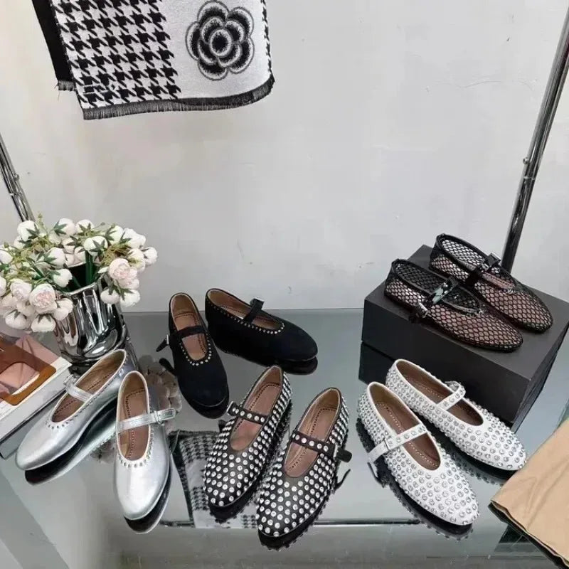 Casual Comfort Flat Mary Jane Single Shoes European and American Rivet Buckle Shoes Dance Shoes