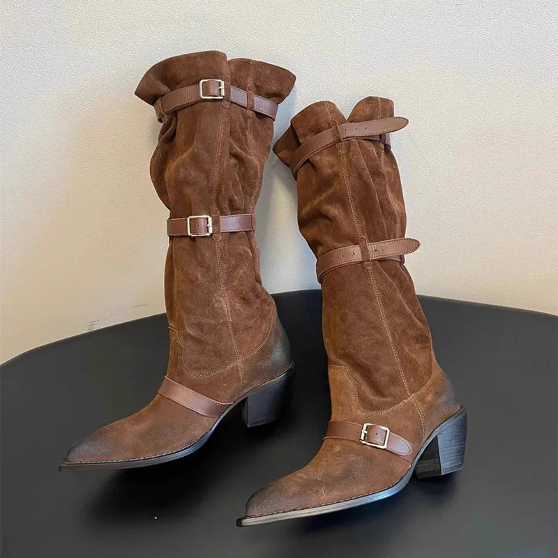 Vintage Pleated Belt Buckle Faux Suede Knee High Boots High heels Western Cowboy Knight Boots Shoes